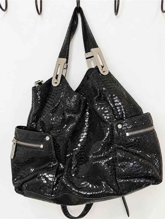 Michael Kors Handbags - MICHAEL KORS Black Snake Textured Large Hobo Shoulder Bag Silver Hardware